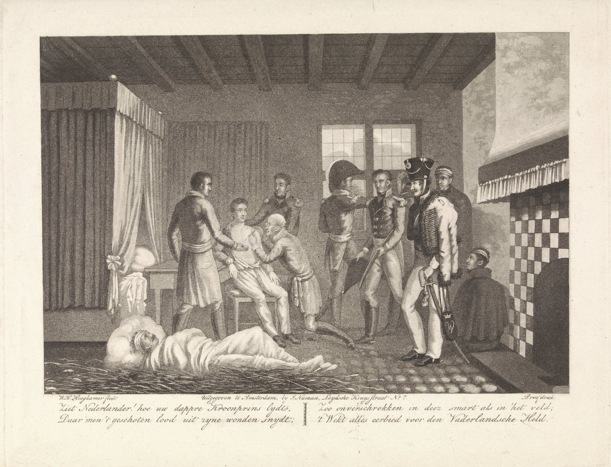 Prinz von Oranien nach seiner Verwundung in medizinischer Behandlung im Feldlazarett, 1815 von Willem Hendrik Hoogkamer
