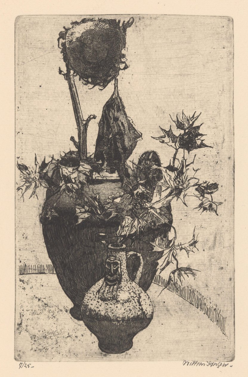 Stillleben mit vertrockneter Sonnenblume von Willem Jansen (graveur) (signed by artist)