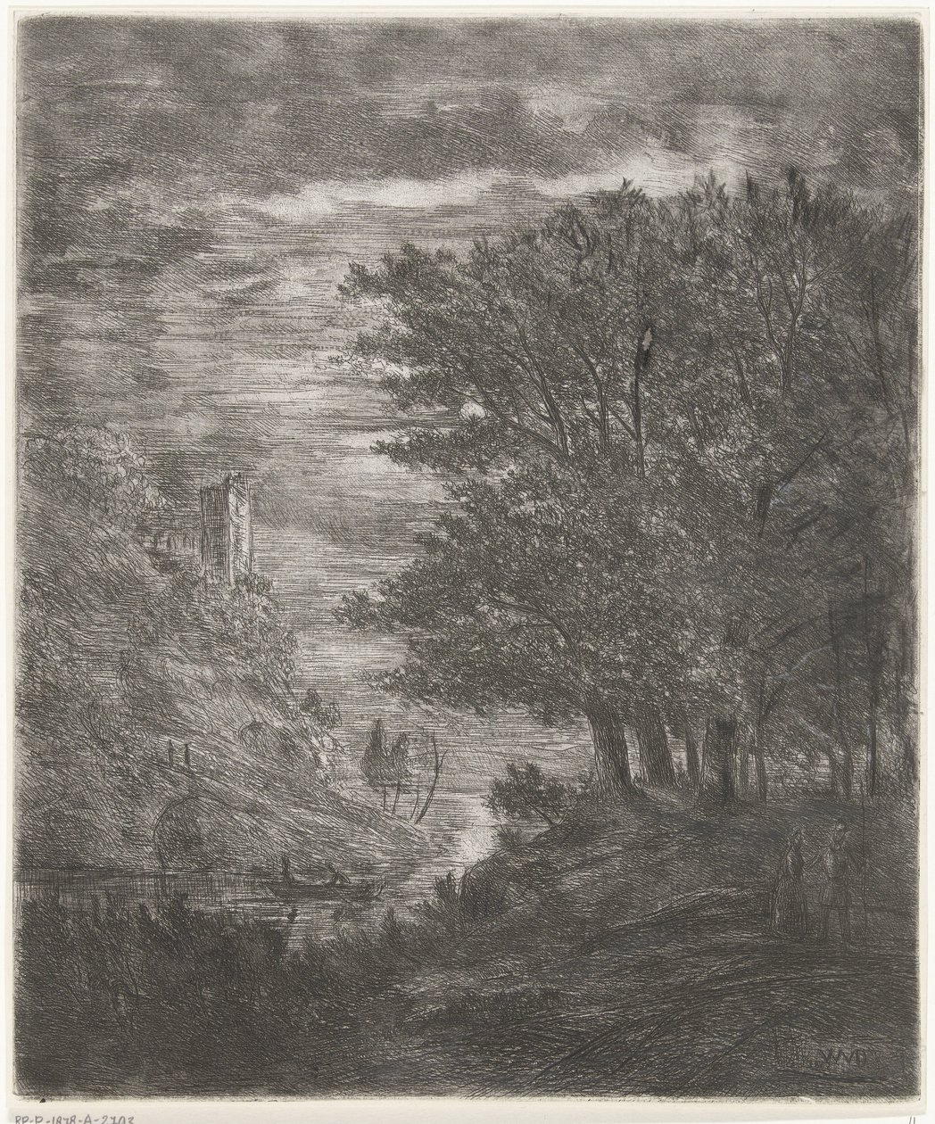 Hügellandschaft mit Ruine und Boot auf Wasser bei Mondlicht von Willem Matthias Jan van Dielen