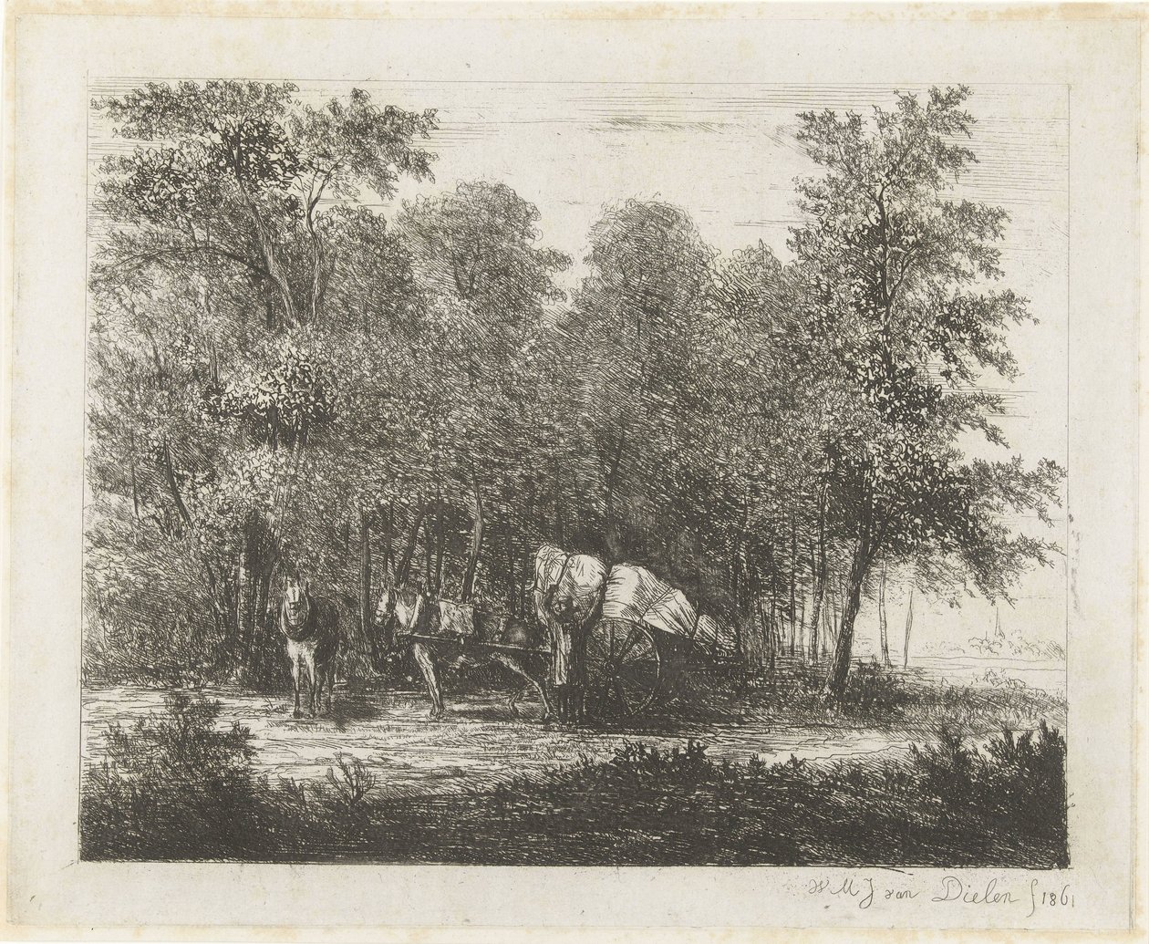 Landschaft mit Mann bei vollgeladenem Wagen und eingespanntem Pferd von Willem Matthias Jan van Dielen