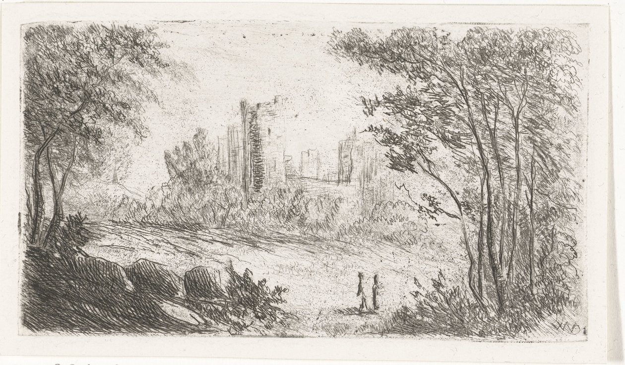 Landschaft mit Ruine eines Schlosses und zwei Figuren von Willem Matthias Jan van Dielen
