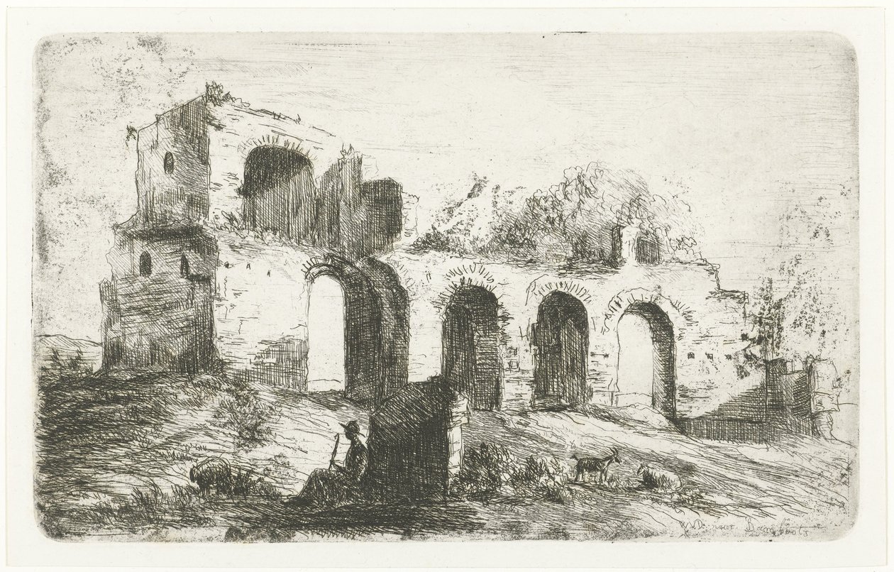 Südliche Landschaft mit Ruine und Hirte mit Vieh von Willem Matthias Jan van Dielen