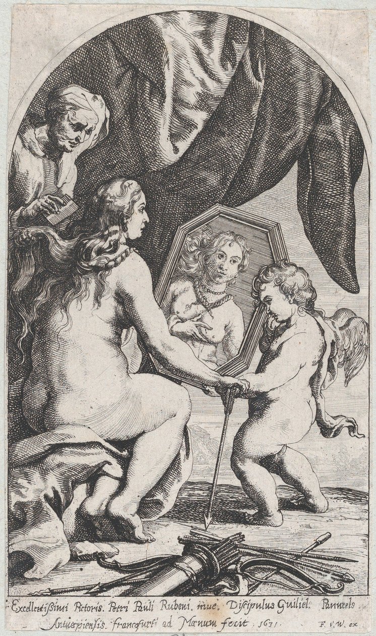 Venus vor einem Spiegel, gehalten von Amor, während ihr Haar von einer alten Frau gekämmt wird, 1631 von Willem Panneels