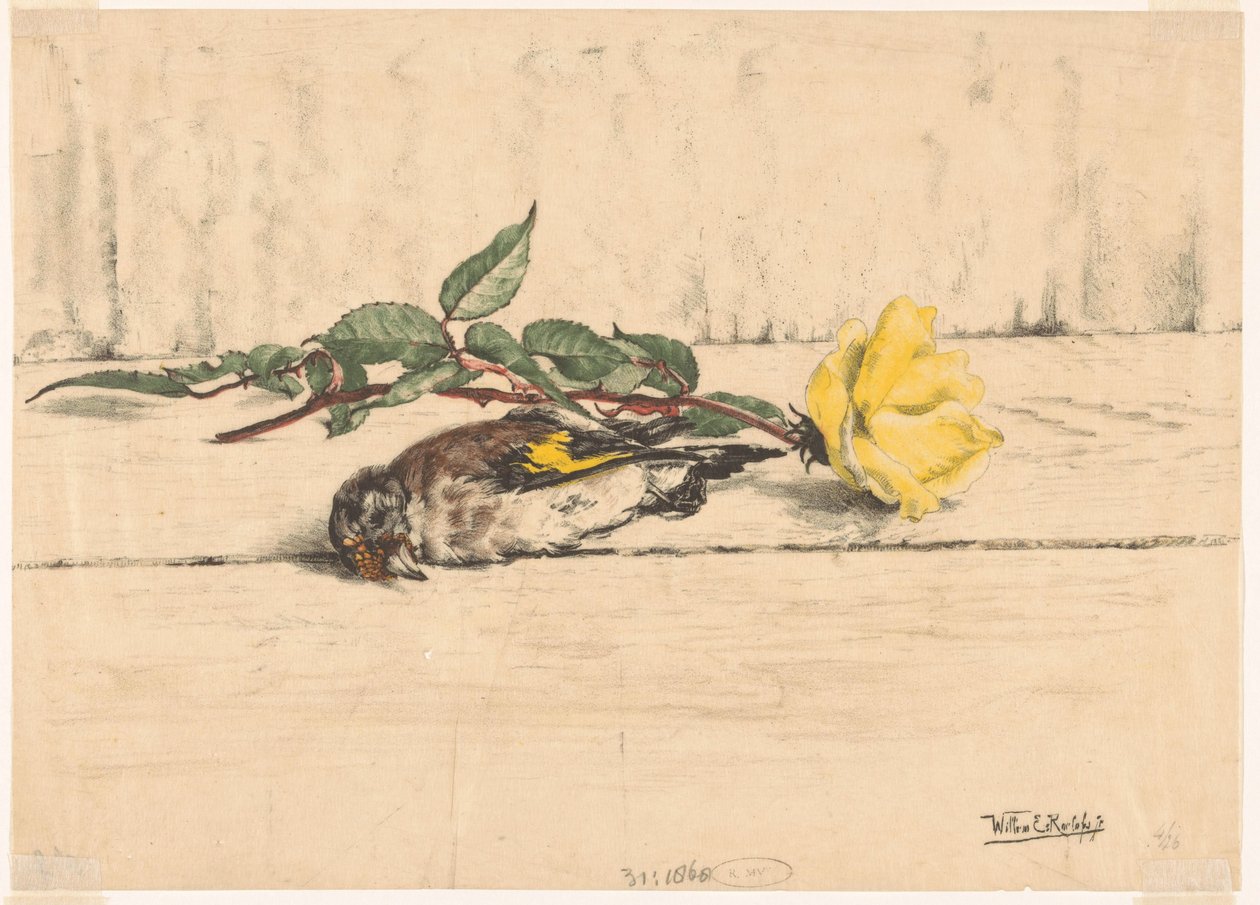 Toter Stieglitz neben einer Rose liegend von Willem Roelofs (II) (signed by artist)