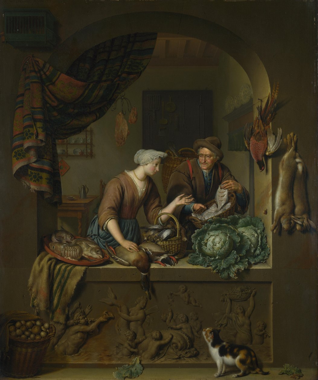 Eine Frau und ein Fischhändler in einer Küche, 1713 von Willem Van Mieris