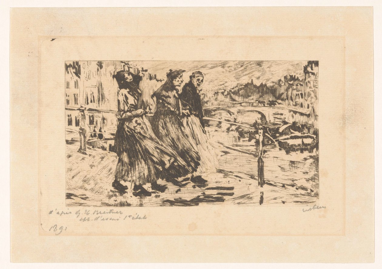Drei Frauen auf einer Brücke bei Wind und Regen von Willem Witsen (signed by artist)