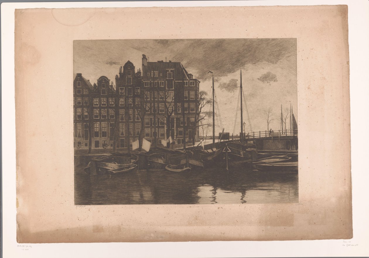Binnenkant, Amsterdam, mit flatternder Wäsche auf den Schiffen von Willem Arnoldus Witsen