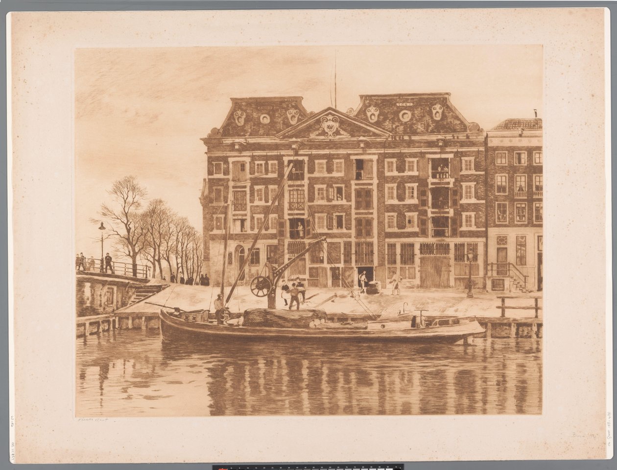 Blick auf die Fassade des Lagerhauses der WIC von Oudeschans aus gesehen von Willem Arnoldus Witsen