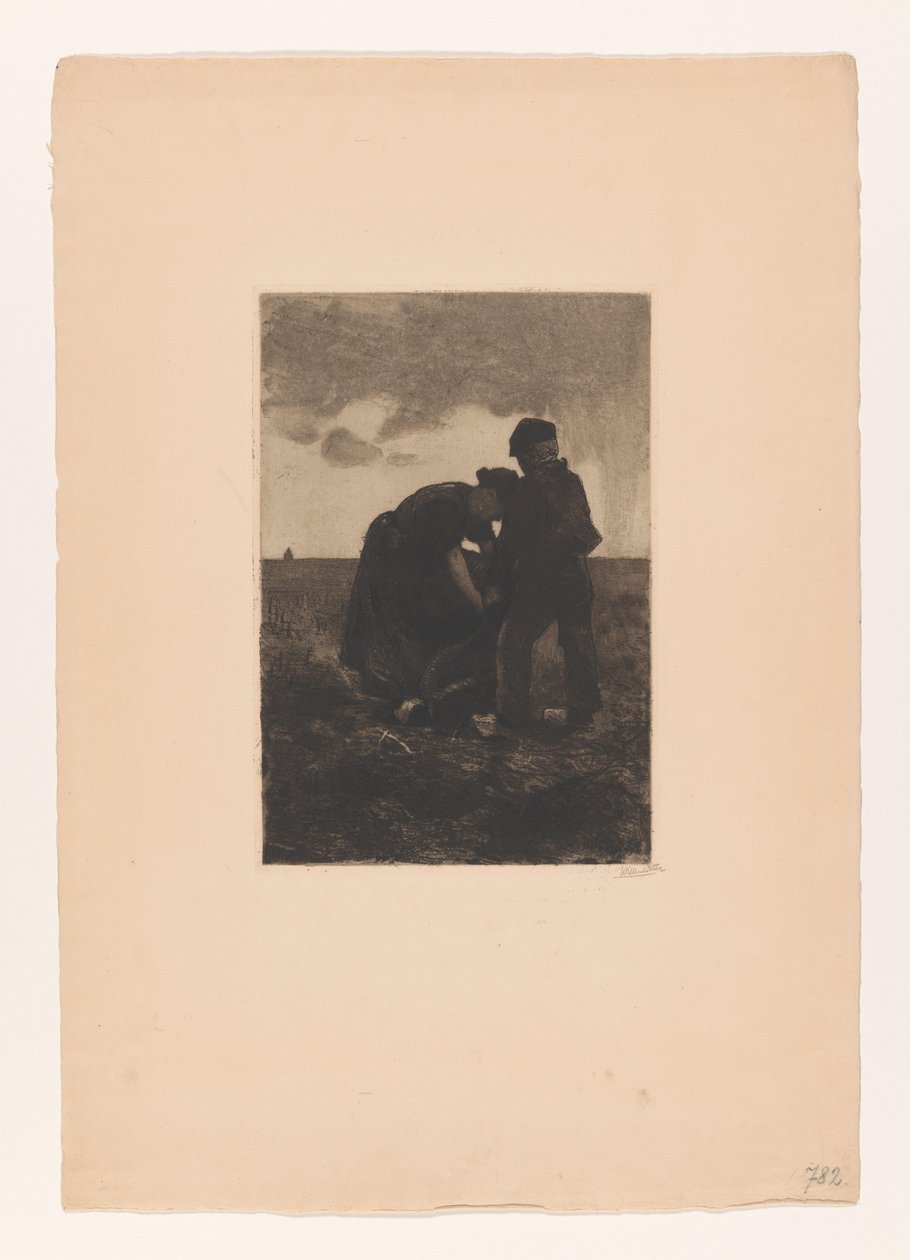 Frau und Junge in Holzschuhen mit einem Jutesack auf dem Feld (Aardappeloogst) von Willem Arnoldus Witsen