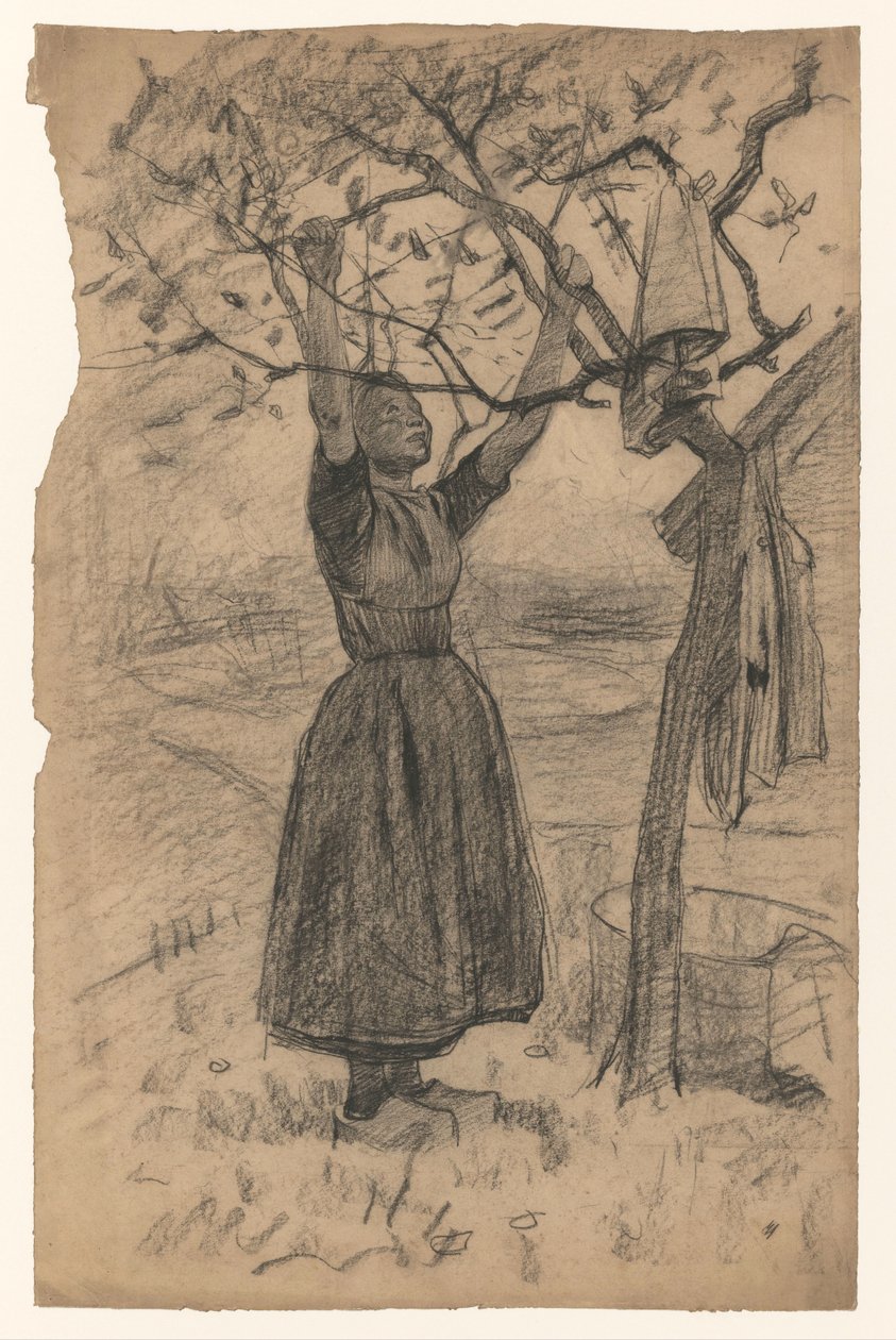 Frau hängt die Wäsche in einen Baum, nach rechts von Willem Arnoldus Witsen