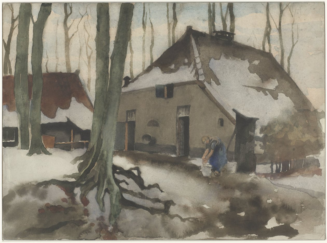 Frau vor einem Haus in einem verschneiten Wald von Willem Arnoldus Witsen