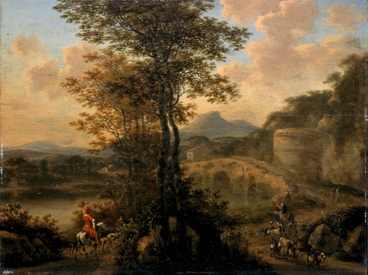 Italienische Flusslandschaft mit Steinbrücke, 1650 von Willem de Heusch