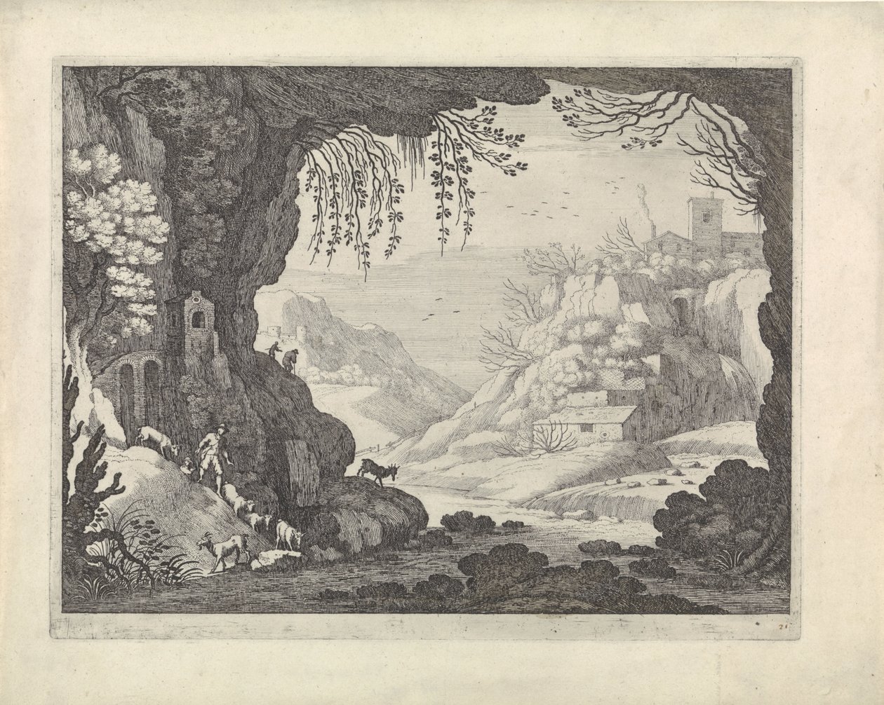 Aussicht auf Landschaft aus einer Höhle von Willem van Nieulandt (II)
