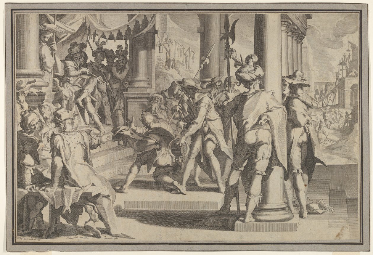 Allegorie der Gerechtigkeit Heiligkeit des Gesetzes mit einer Gerichtsszene, die einen begnadigten Mann darstellt, 1605 von Willem van Swanenburg