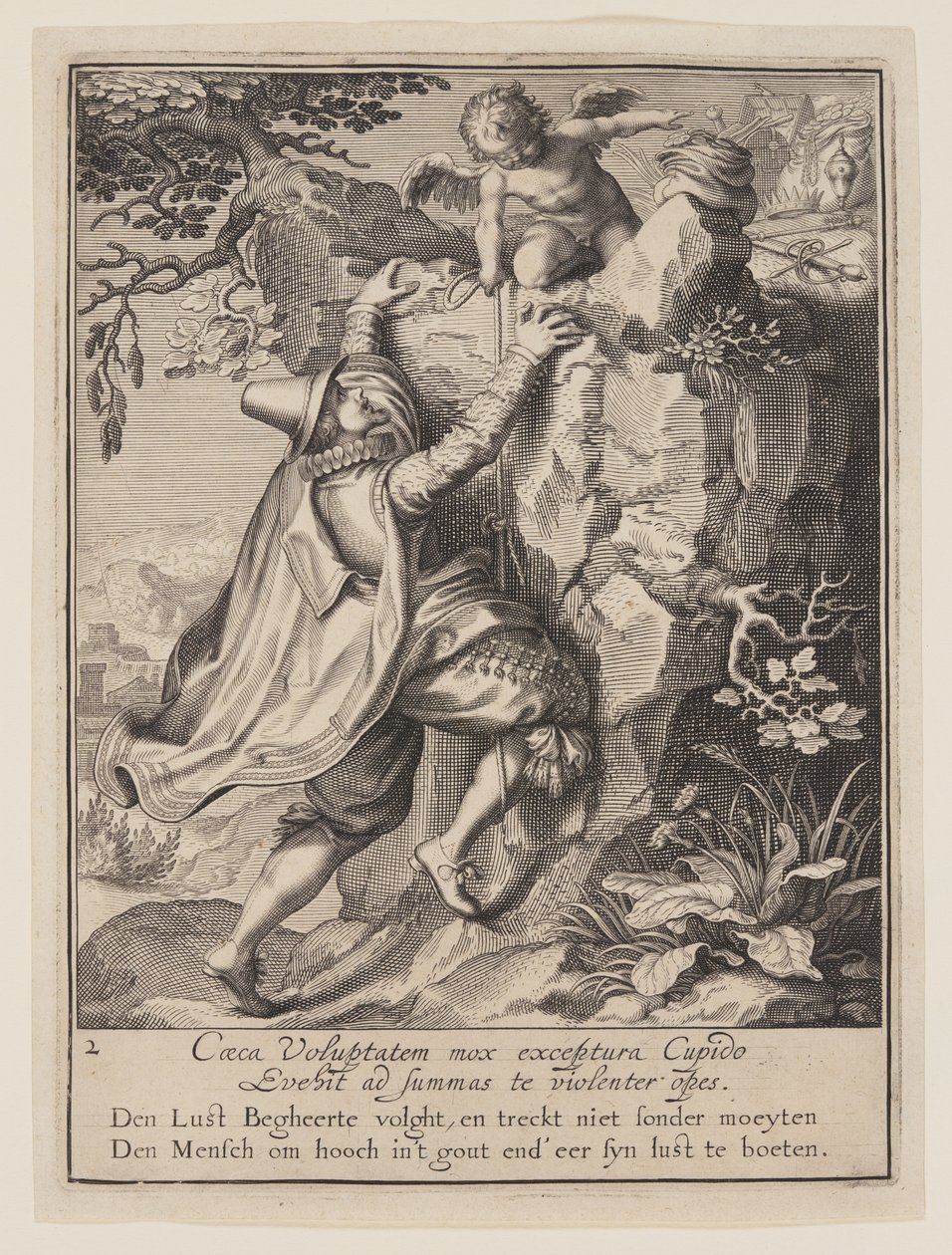 Ein junger Mann, der mit Hilfe von Amor einen Hang erklimmt, aus Allegorie des Missbrauchs weltlichen Eigentums von Willem van Swanenburgh