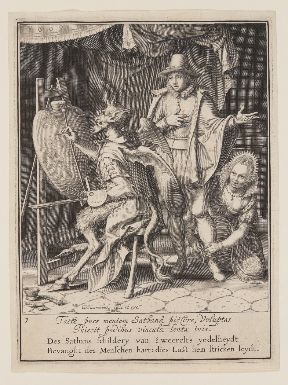 Der Teufel malt das Herz des Menschen, aus Allegorie des Missbrauchs weltlicher Güter von Willem van Swanenburgh