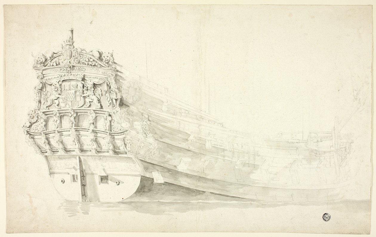 Niederländisches Schiff mit verziertem Bug von der Steuerbordseite gesehen von Willem van de Velde I