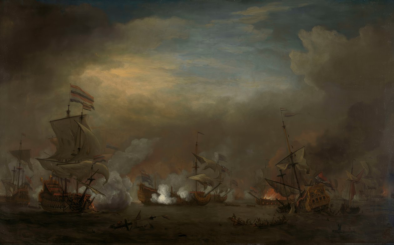Nächtliche Seeschlacht zwischen Cornelis Tromp auf der Gouden Leeuw und Sir Edward Spragge auf der Royal Prince von Willem van de Velde the Younger