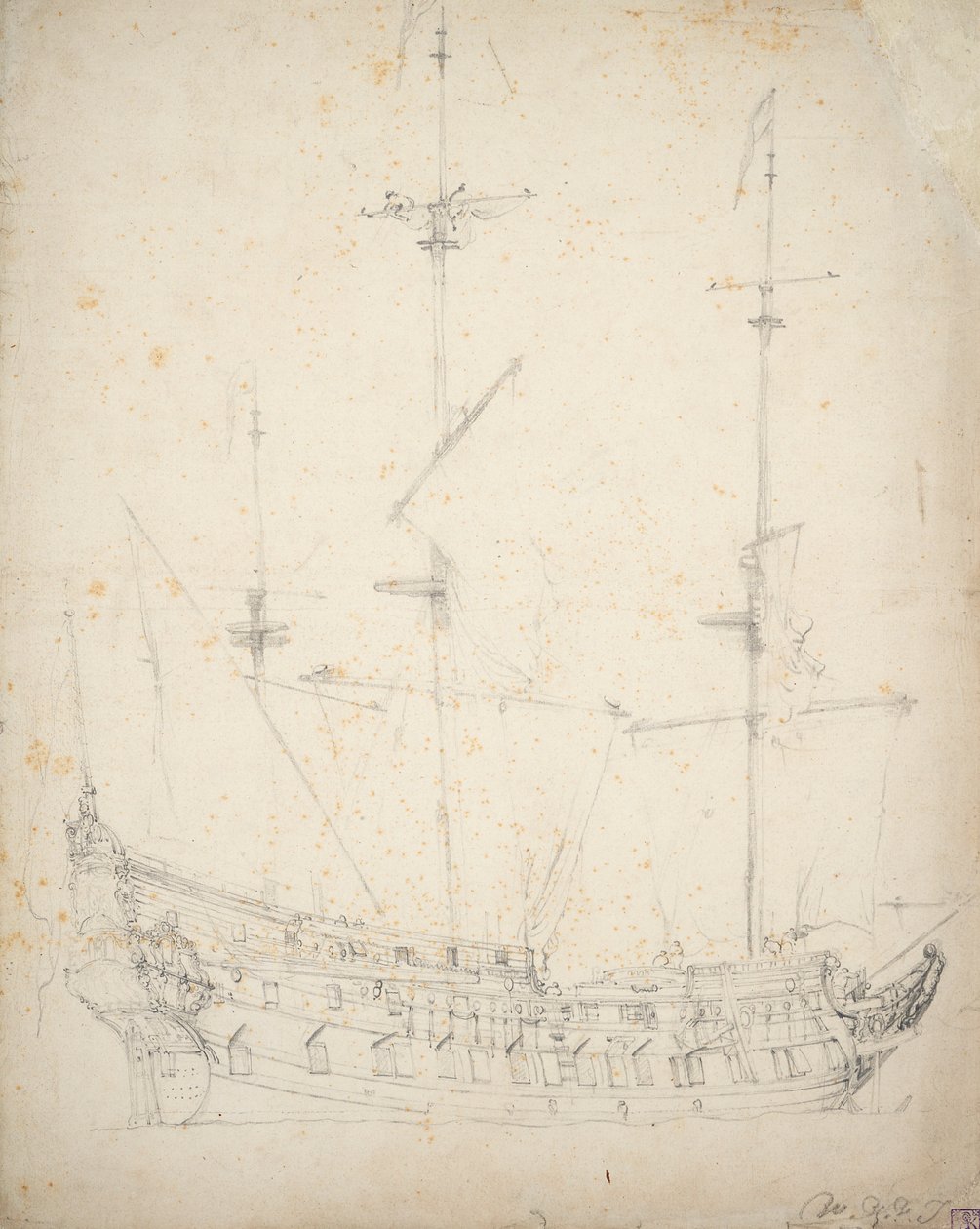Porträt eines niederländischen Zweideckers, ca. 1655 von Willem van de Velde the Younger