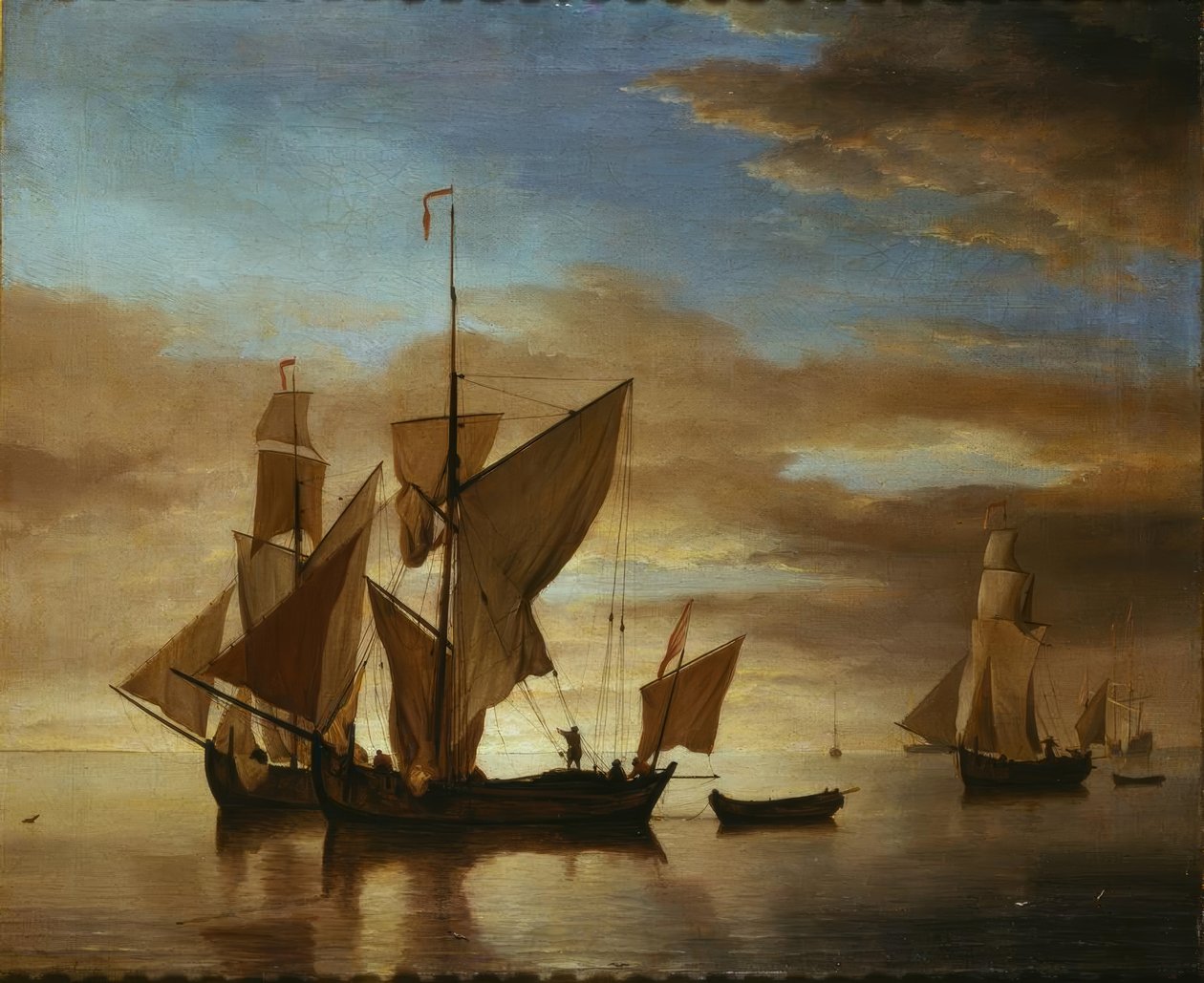 Schiffe auf ruhiger See im Abendlicht von Willem van de Velde the Younger
