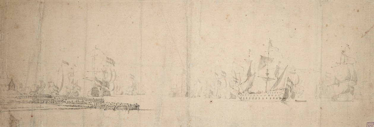 Eine niederländische Flotte, die sich von einem Pier entfernt, ca. 1665 von Willem van de the Elder Velde