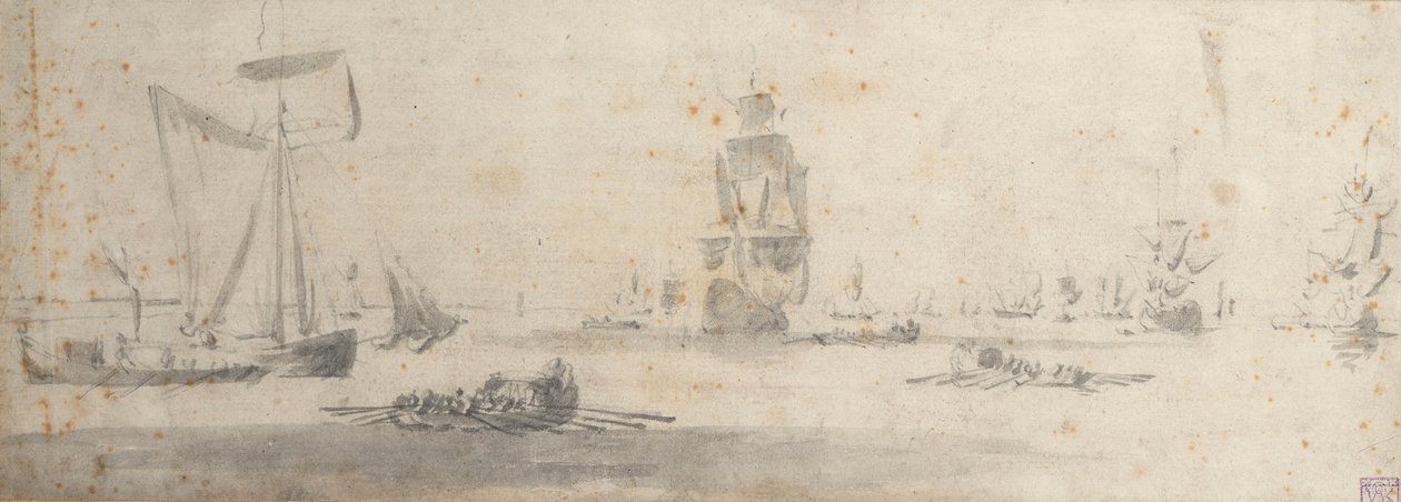 Eine Galeotte bei leichtem Wind und mehrere Lastkähne, ca. 1681 von Willem van de the Elder Velde