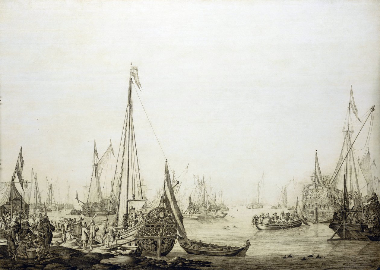Eine Vielzahl von Schiffen in einem überfüllten Hafen, historisch verbunden mit der Reise von Charles II. von England (1630-1685) nach Den Haag (Holland) im Jahr 1660, während der Wiederherstellung seiner Macht über den englischen Thron von Willem van de the Elder Velde