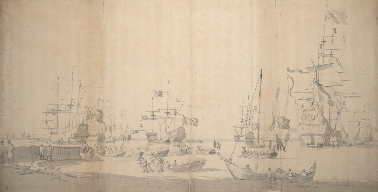 Eine Weyschuit wird in einem überfüllten Hafen an Land gezogen, ca. 1672 von Willem van de the Elder Velde