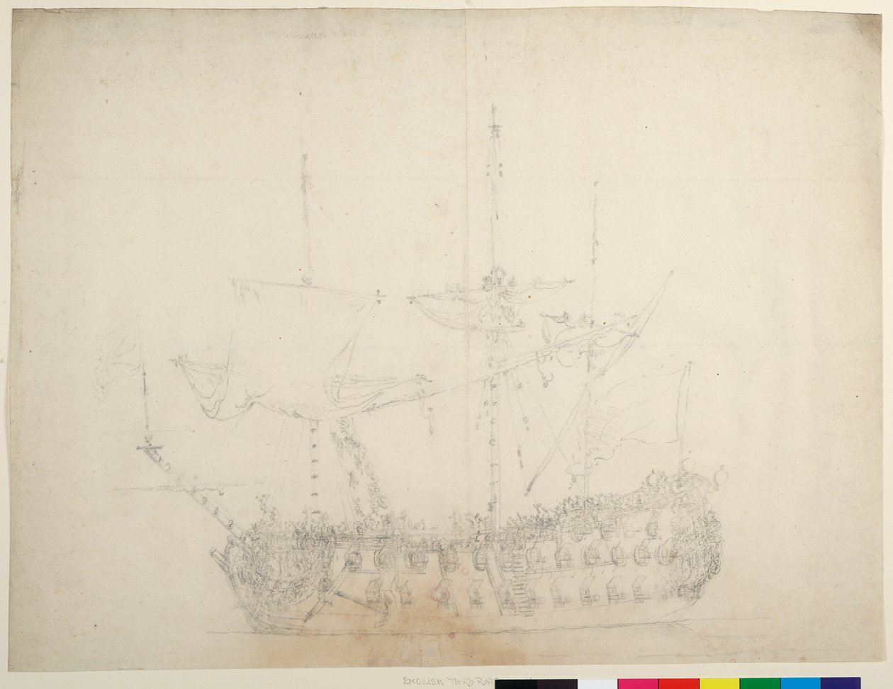 Ein englisches Drittklasseschiff mit 60 Kanonen, von der Backbordseite gesehen, ca. 1673 von Willem van de the Elder Velde
