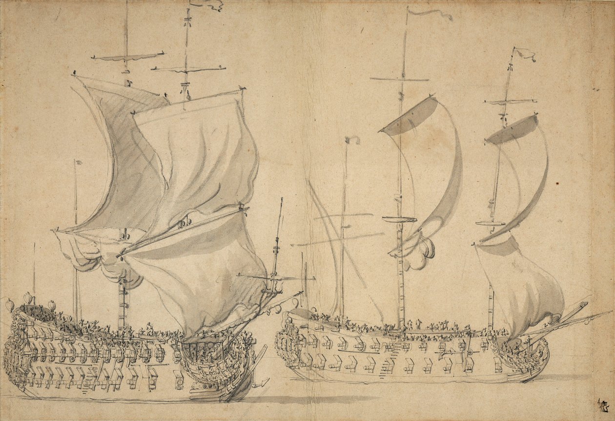 Ein englisches Dritt- und Viertklasseschiff unter leichter Segel, ca. 1677 von Willem van de the Elder Velde