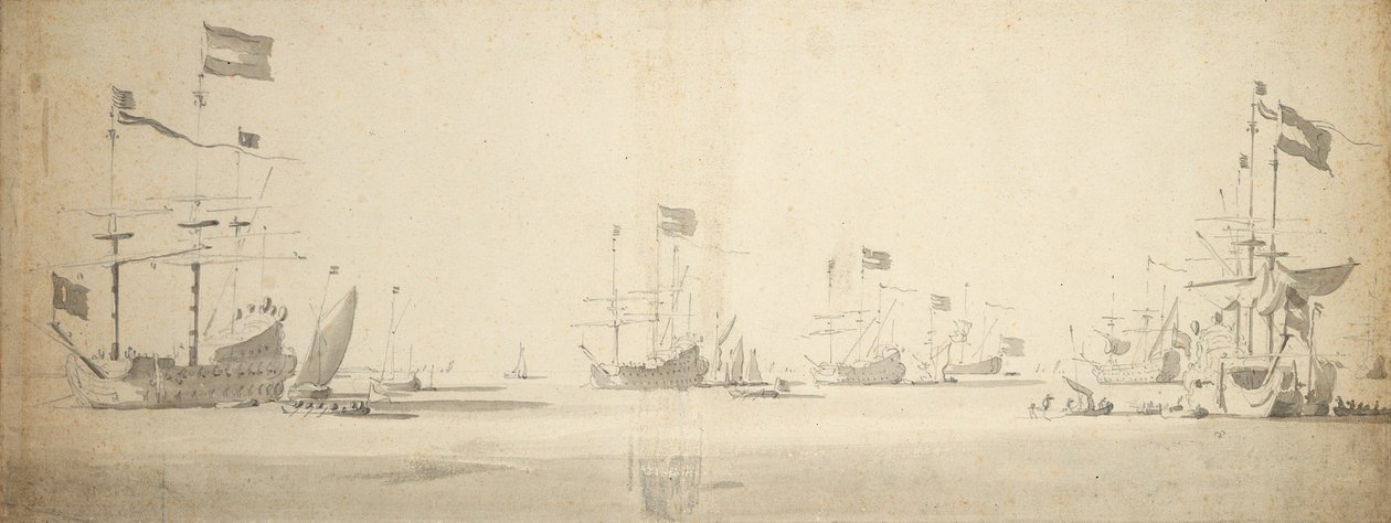 Niederländische Flaggschiffe vor Anker mit Booten daneben, ca. 1664 von Willem van de the Elder Velde