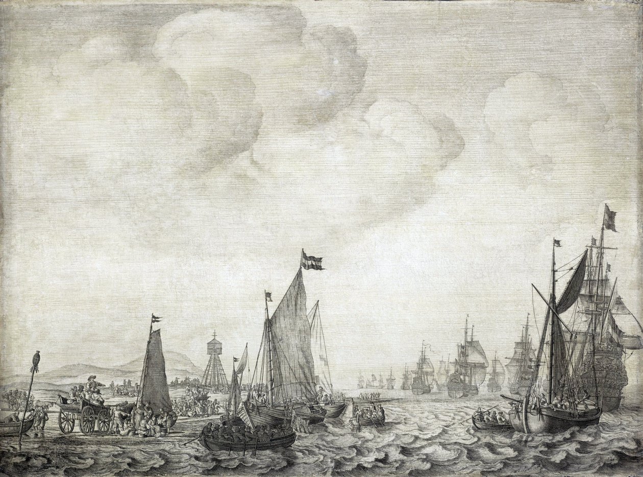 Handelsschiffe in den Orient und ihre Eskorte, die Vlie (oder Vliestroom) verlassen, Seeweg zwischen den Inseln Vlieland und Treschelling (Holland), 9. Juni 1645 von Willem van de the Elder Velde