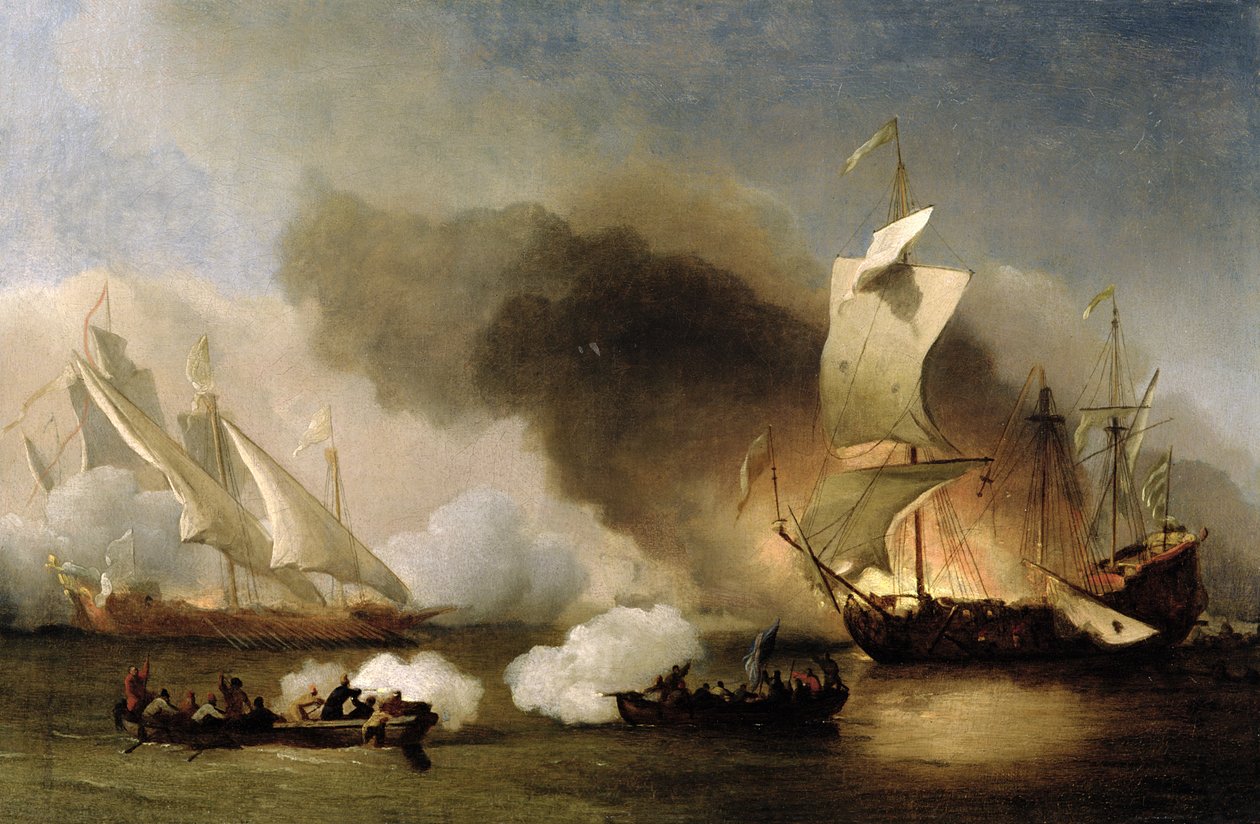 Ein Gefecht vor der Barbareiküste mit Galeeren und englischen Schiffen, ca. 1695 von Willem van de Velde the Younger