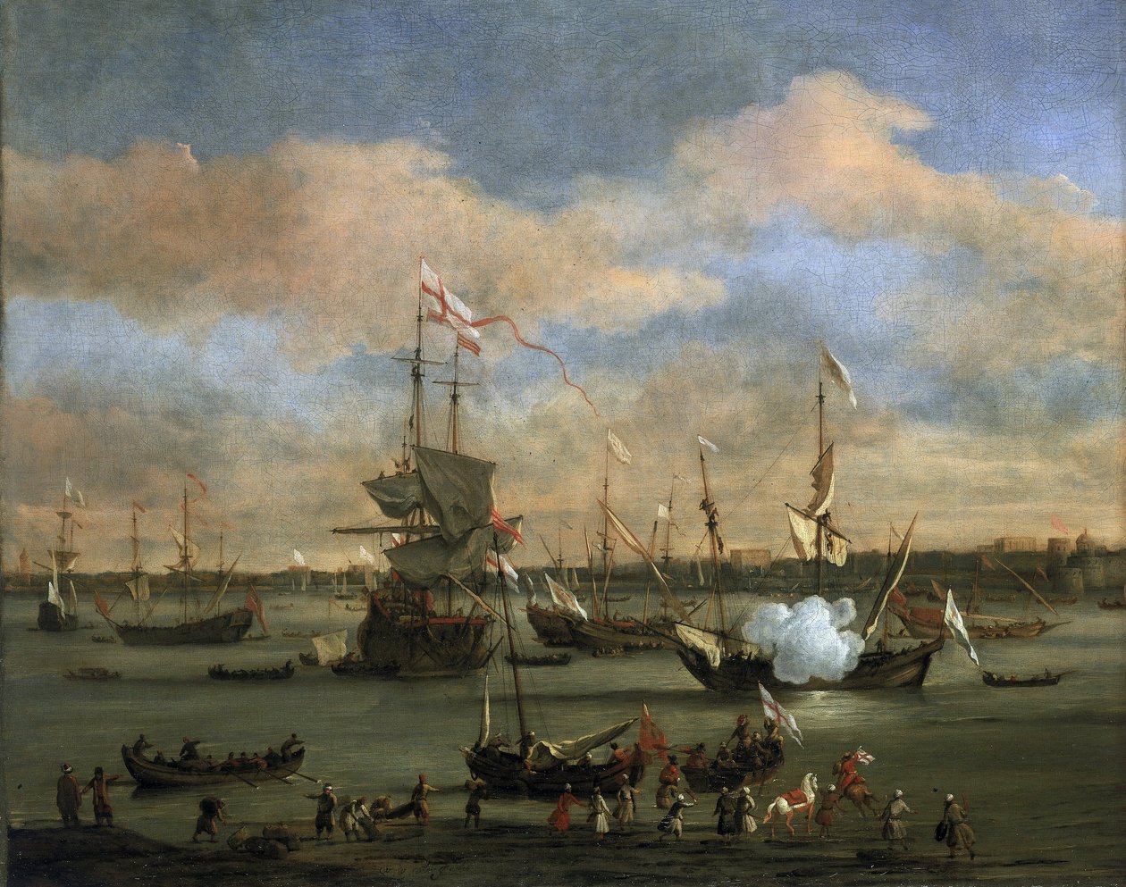 Britisches Handelsschiff in einem Hafen im Mittelmeer von Willem van de Velde the Younger