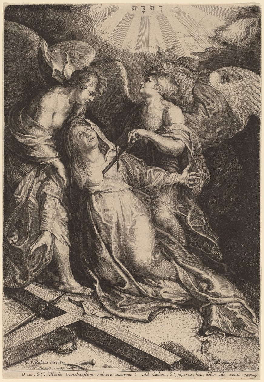 Mater Dolorosa kniend, unterstützt von zwei Engeln von Willem van der Leeuw after Sir Peter Paul Rubens