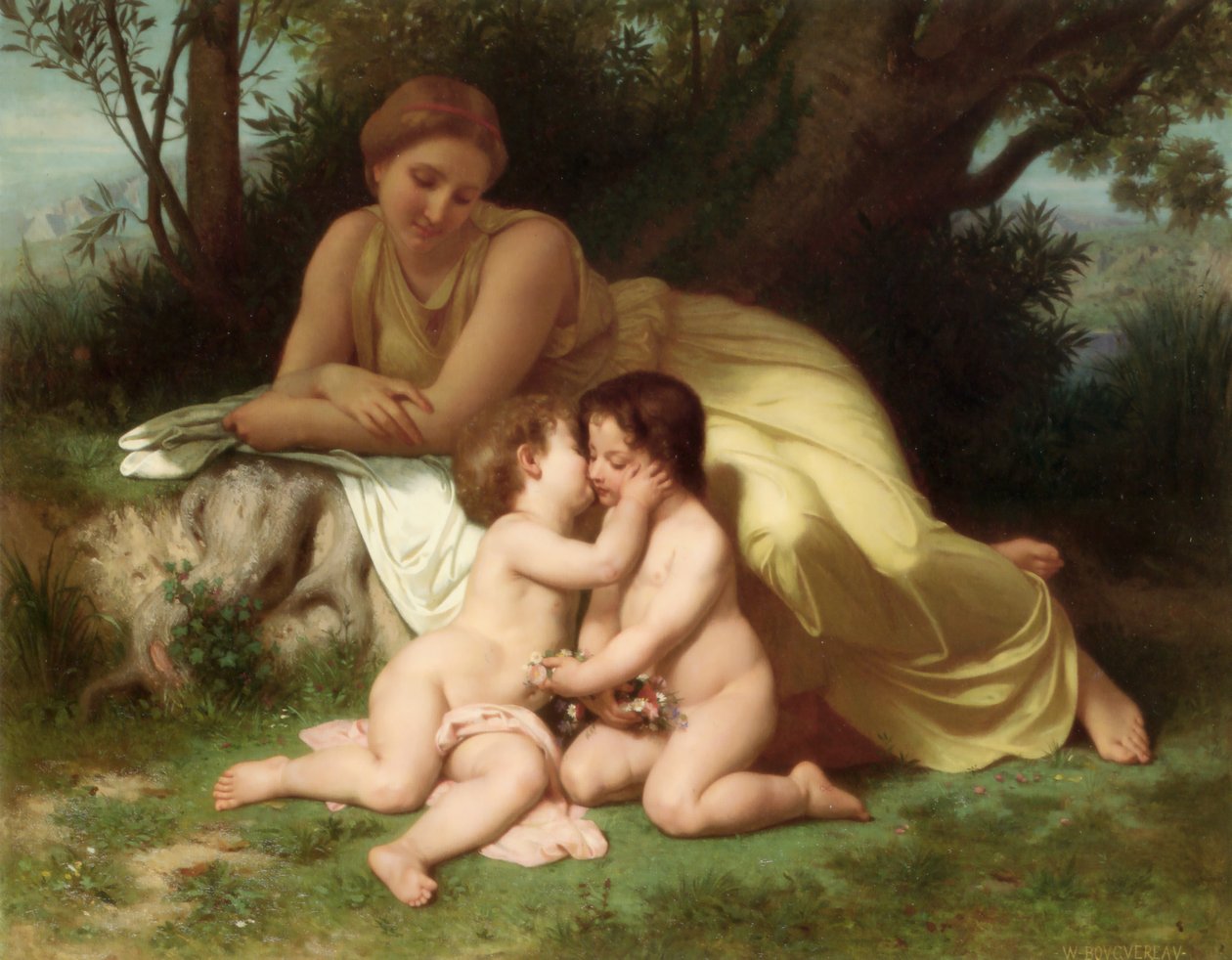 Junge Frau betrachtet zwei umarmende Kinder (1861) von William Adolphe Bouguereau