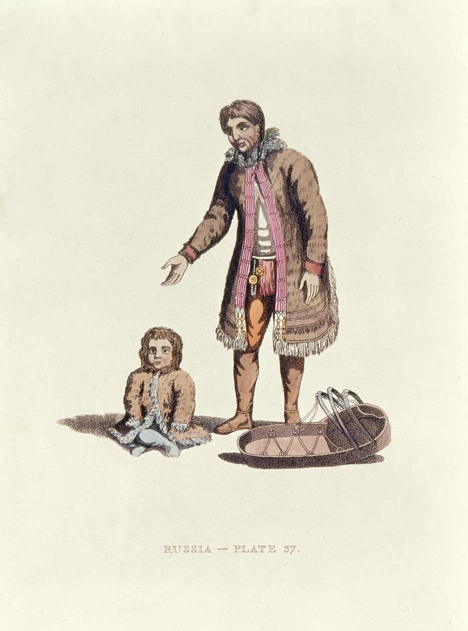 Samojedenfrau mit ihrem Baby und einer Wiege aus Dress of the Russians, 1814 von William Alexander