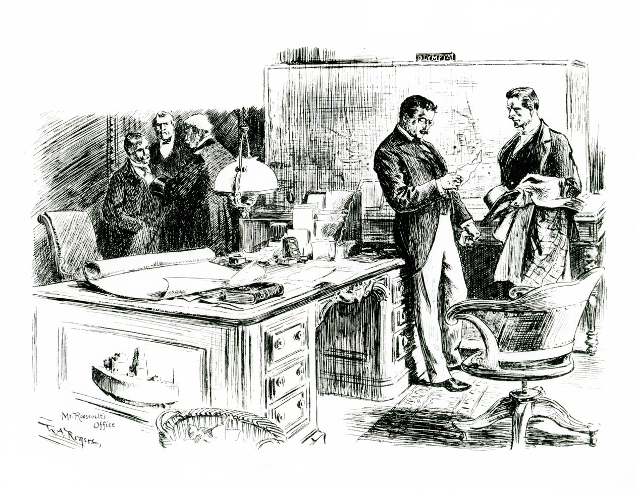 Senator Lodge und der stellvertretende Außenminister im Büro von Präsident Roosevelt diskutieren die Invasion der Philippinen, 1898 von William Allen after Rogers