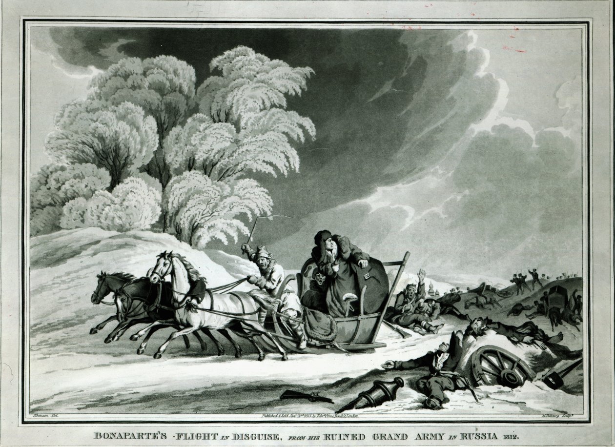 Napoleon in Verkleidung während des Rückzugs aus Russland im Jahr 1812 (Aquatinta) von William Atkinson