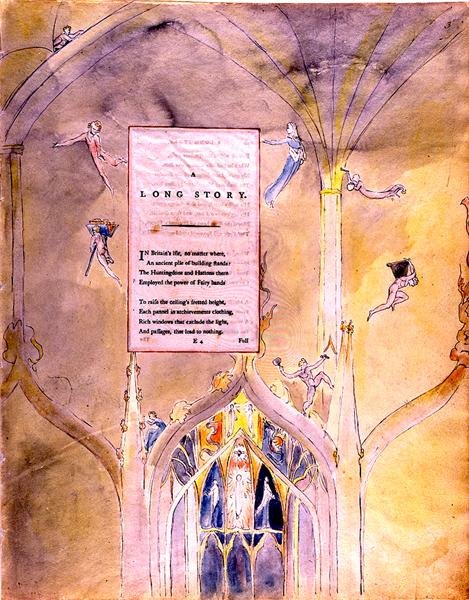 Eine lange Geschichte, ein altes Gebäude, das die Macht der Feenhände beschäftigte, aus den Gedichten von Thomas Gray, 1797-98 von William Blake