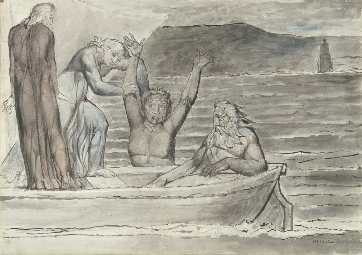 Dante und Virgil im Boot von Phlegyas werden von Filippo Argenti begrüßt, Illustration zur Göttlichen Komödie von Dante Alighieri, 1824-27 von William Blake