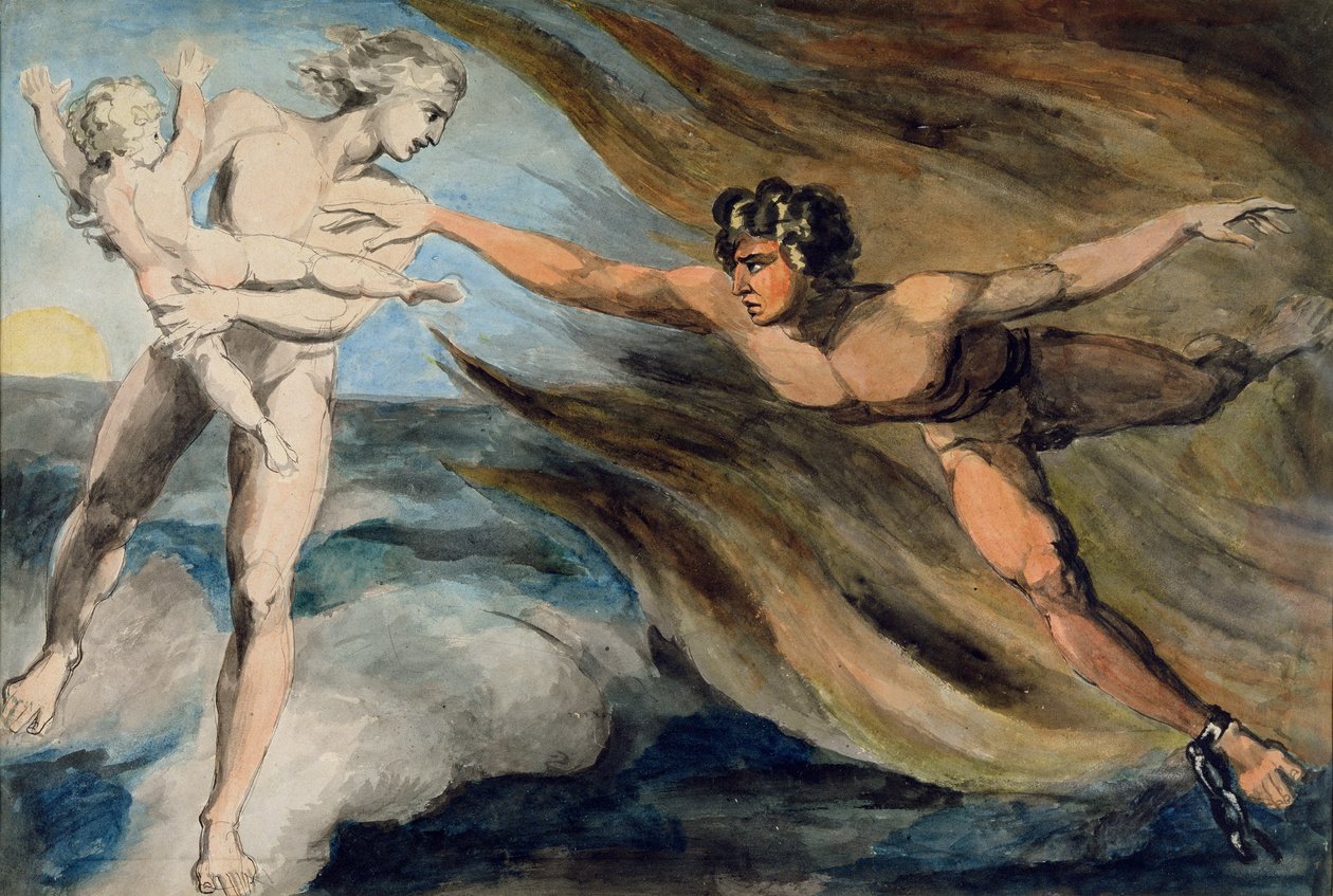 Gute und böse Engel kämpfen um den Besitz eines Kindes, ca. 1793-94 von William Blake