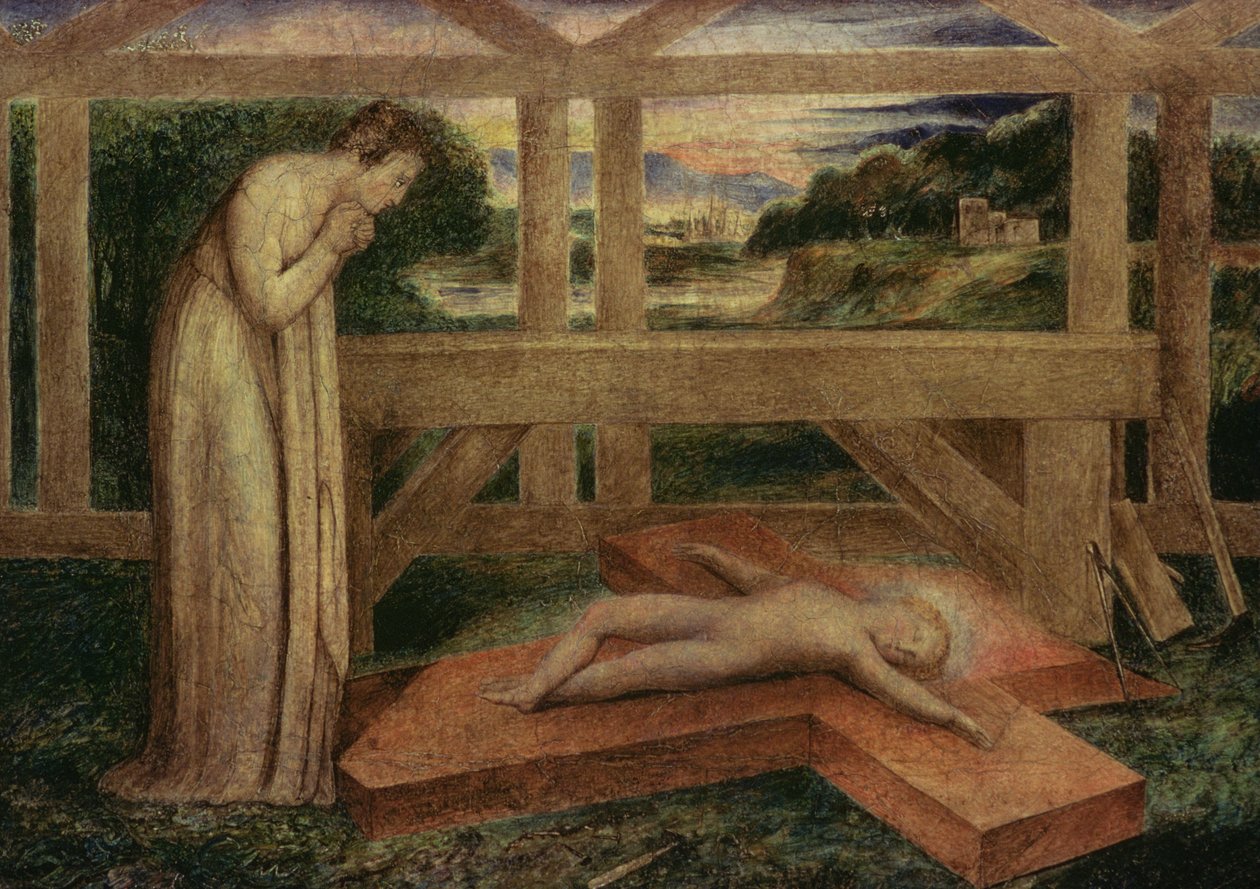 Das schlafende Christkind auf einem Kreuz, ca. 1799-1800 von William Blake
