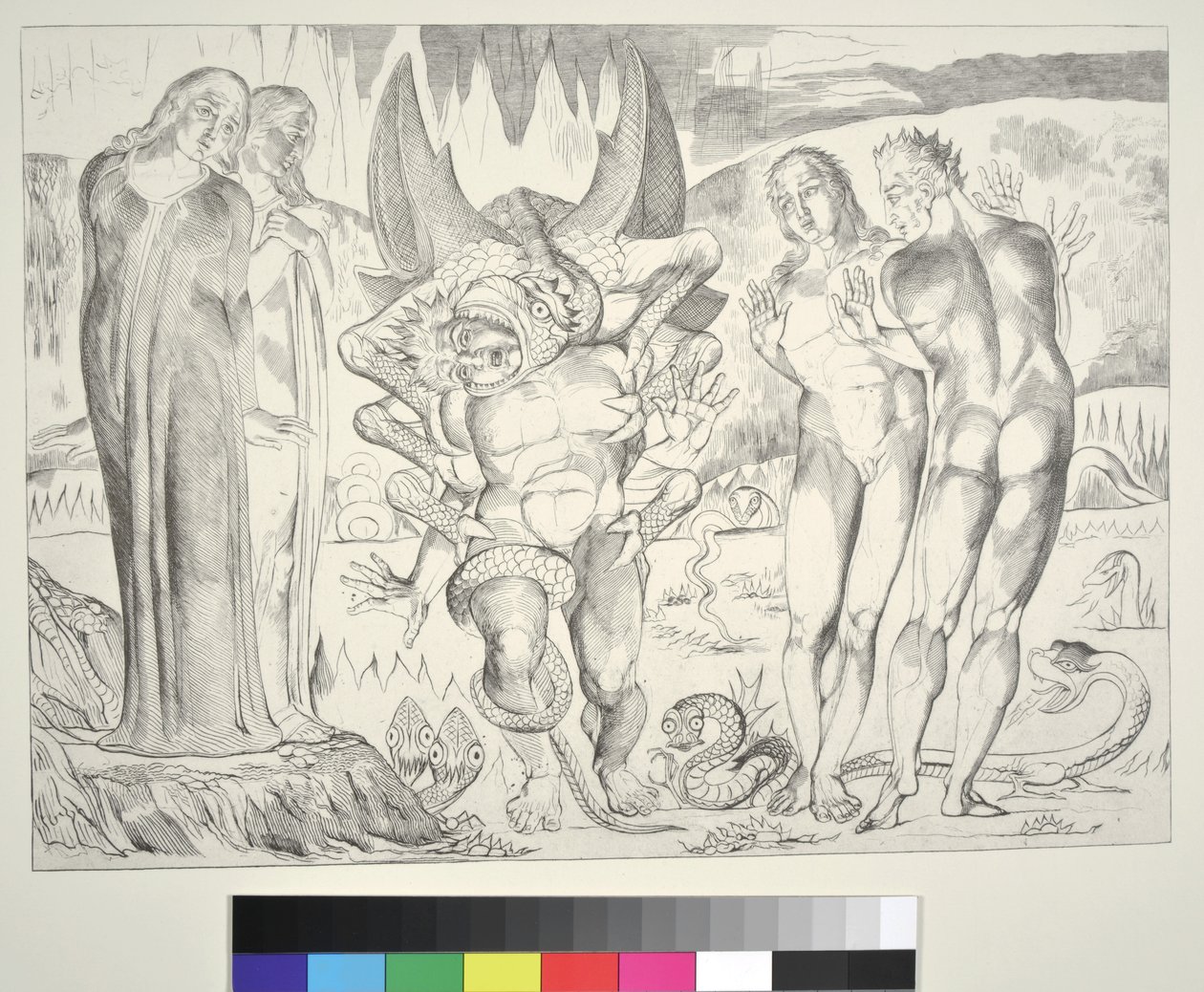 Der Kreis der Diebe: Agnolo Brunelleschi von einer sechsfüßigen Schlange angegriffen, Inferno, Gesang XXV, Illustration zur 