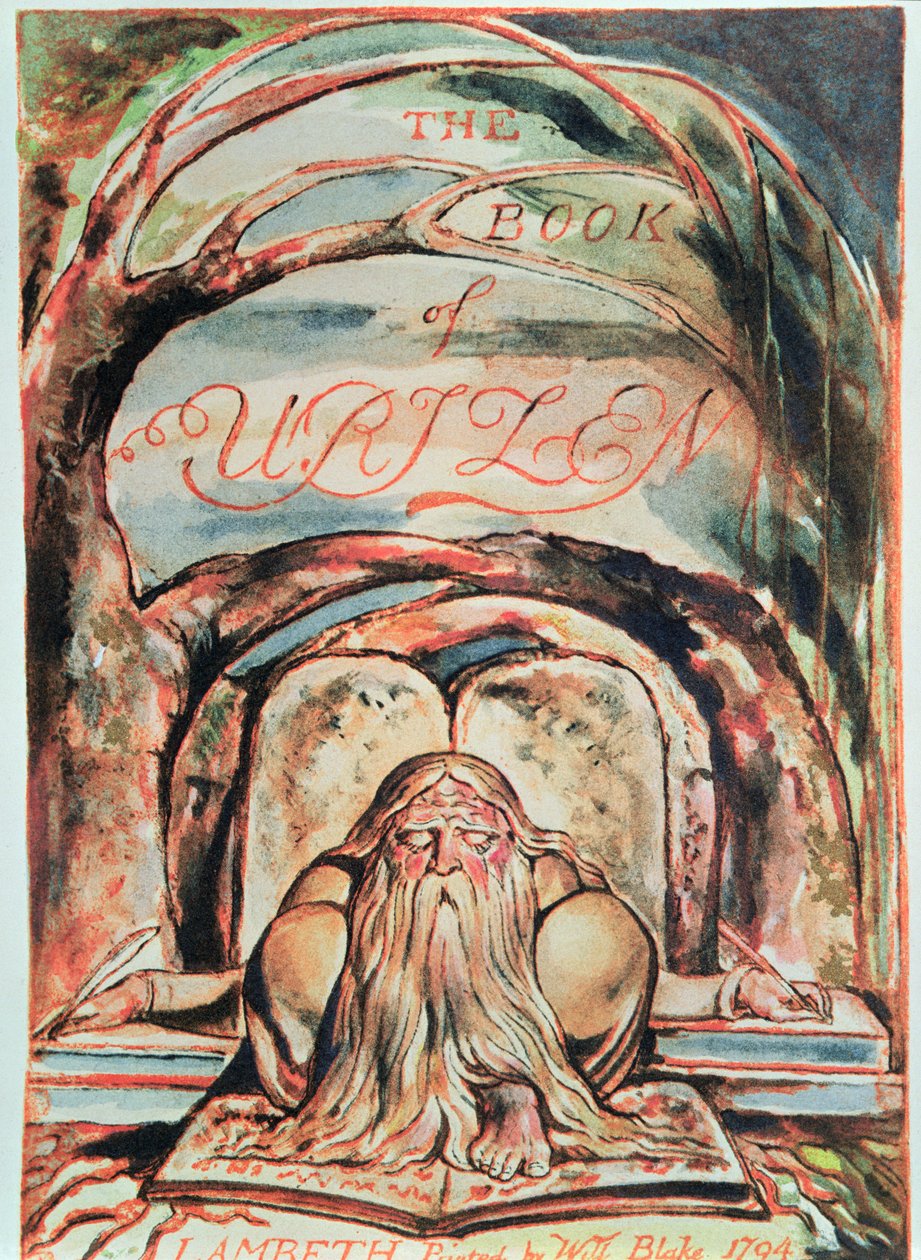 Das erste Buch von Urizen; Titelseite, zeigt Urizen (die Verkörperung der unaufgeklärten Vernunft) unter dem Baum des Mysteriums sitzend und die 