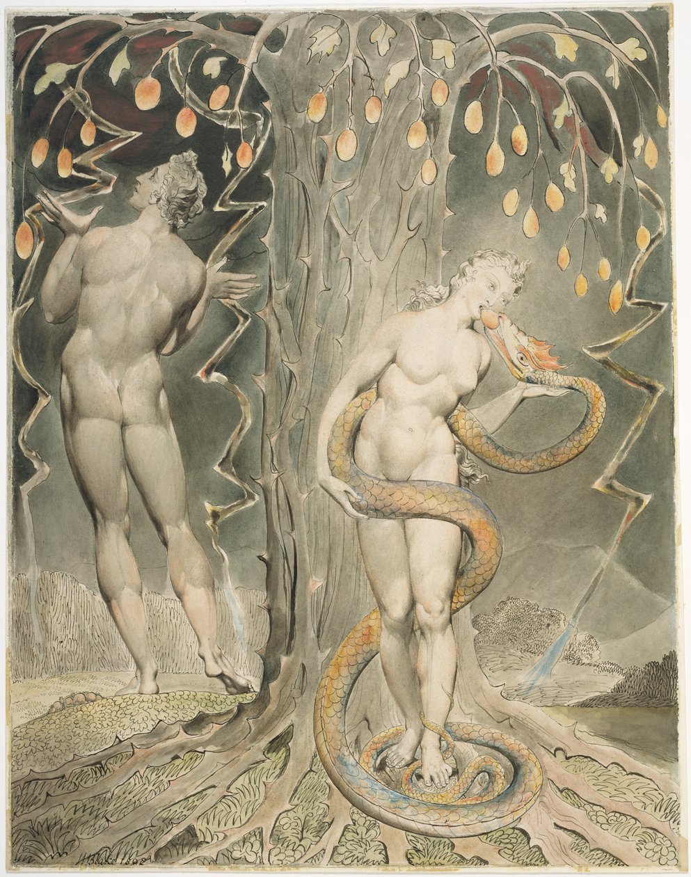 Die Versuchung und der Fall von Eva, Illustration zu Miltons Paradise Lost von William Blake