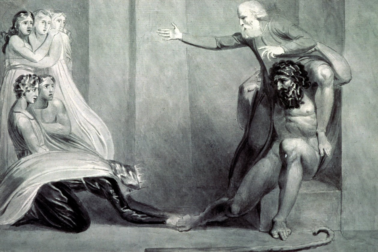 Tiriel, zurück zum Palast getragen auf den Schultern seines Bruders Ijim, spricht zu seinen fünf Töchtern von William Blake