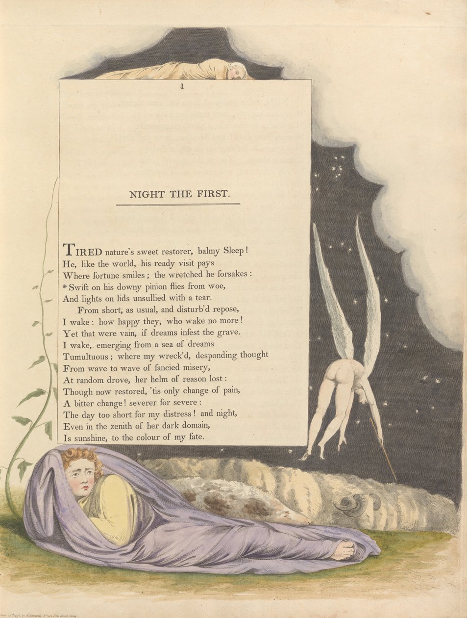 Youngs Nachtgedanken, Seite 1, Schnell auf seinem weichen Flügel flieht er vor dem Leid von William Blake