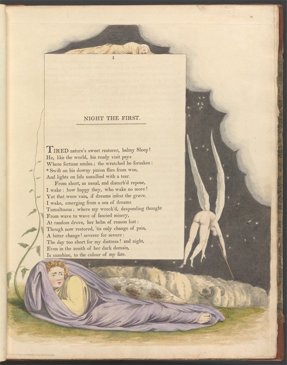 Youngs Nachtgedanken, Seite 1, Schnell auf seinen weichen Flügeln fliegt er vom Leid von William Blake