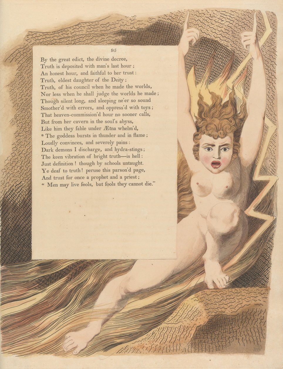 Youngs Nachtgedanken, Seite 95, Die Göttin bricht in Donner und Flammen aus von William Blake